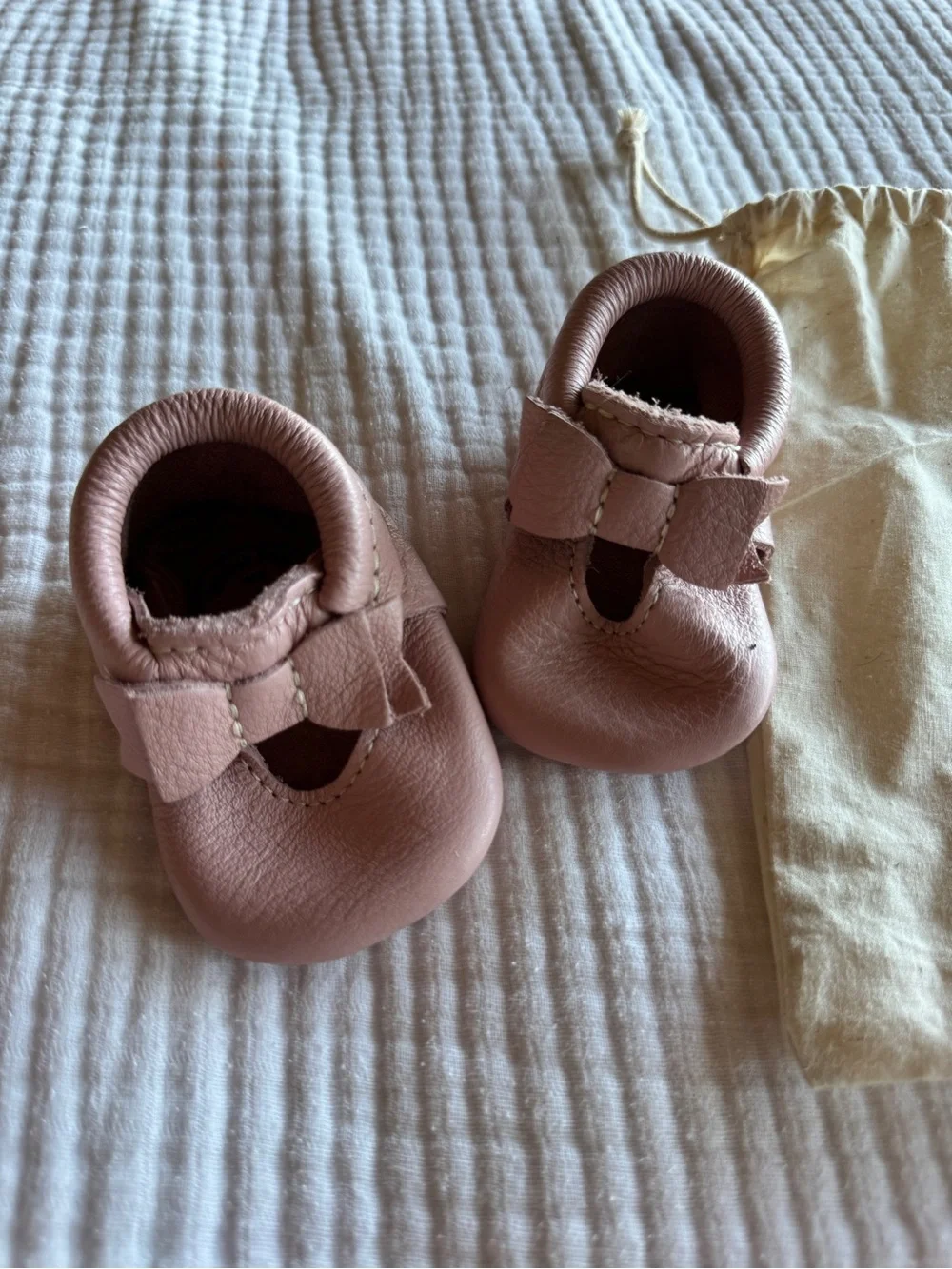 Freshly Picked Blush Pink Leather Baby Moccasins with Bow